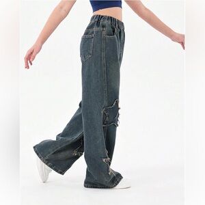 Girl's Elastic High Waist Wide Leg Jeans Y2K Denim Pants w/ Pocket Sz 14-15y